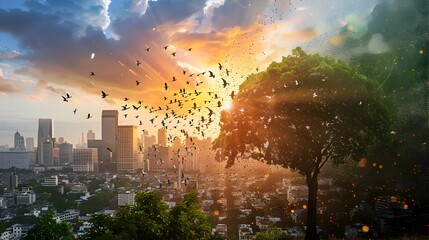 Birds Flying Over City Tree at Sunrise, To highlight the harmony between urban development and nature, promoting a sense of environmental awareness