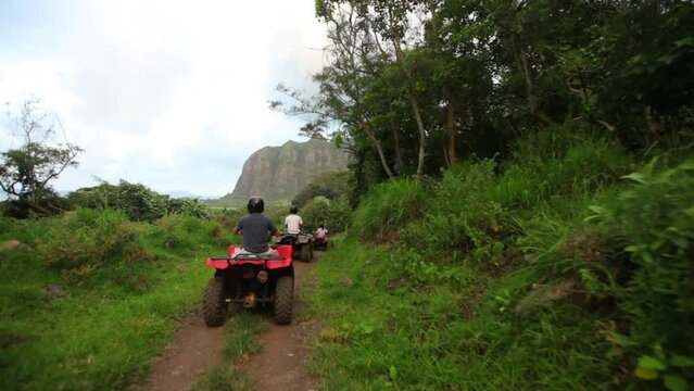 Following four-wheelers on dirt road in beautiful Hawaiian valley - Steady cam shot