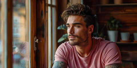 Contemplative Man Gazing Out Window in Cozy Cafe. Pensive tattooed man with stylish hair sitting by the window in a warm, plant-filled cafe, lost in thought. - obrazy, fototapety, plakaty