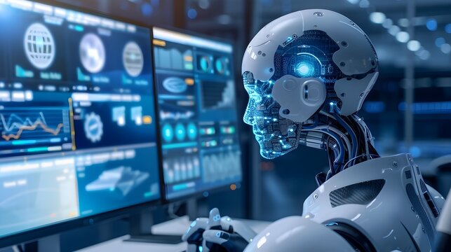 Robotic assistants taking over important jobs in futuristic style, To showcase the growing impact of automation and artificial intelligence on the