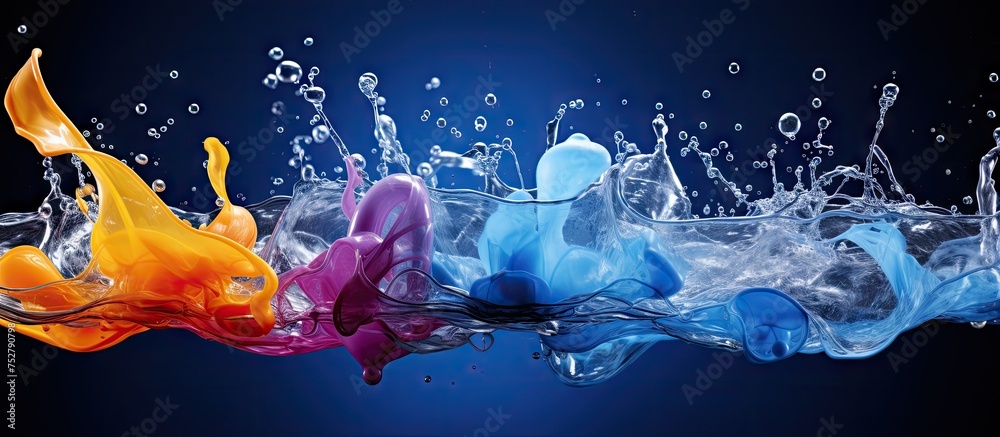 Poster vibrant and dynamic colorful water splashs creating abstract patterns on black background