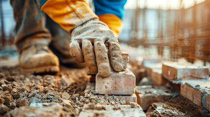 Detailed View of Construction Worker's Hand Laying Bricks with Precision