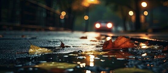 Tranquil Beauty of Nature: A Single Leaf Rests on a Shimmering Rain Puddle