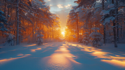 beautiful snowy winter landscape panorama with forest and sun. winter sunset in forest panoramic view. sun shines through snow covered trees.