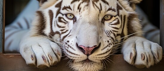 Majestic White Tiger Staring Intensely with Striking Brown Eyes in the Wild