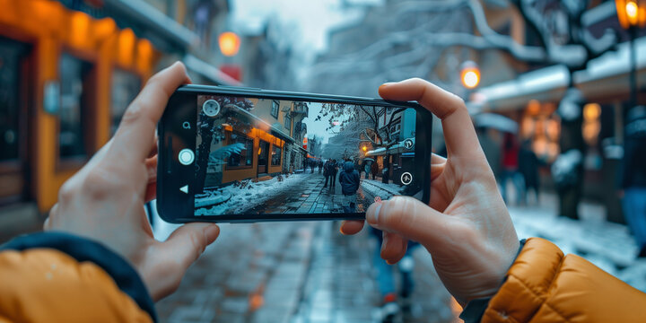 Winter Wonderland through a Smartphone Lens. Person capturing a snowy street scene on a smartphone, showcasing winter charm and urban exploration.