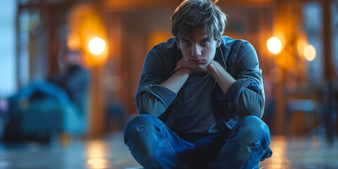 Portrait of Young Man Overwhelmed by Emotions. Close-up of a troubled young man sitting on the floor, capturing the essence of sadness and contemplation. - obrazy, fototapety, plakaty