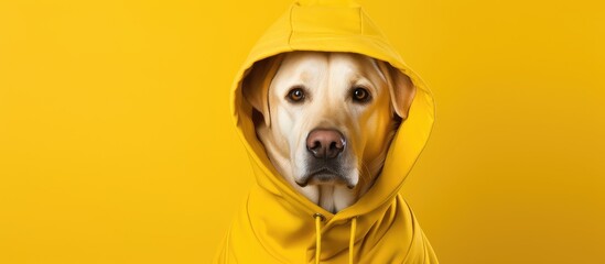 Adorable Canine Fashionista Struts in Stylish Yellow Raincoat in the Rain - obrazy, fototapety, plakaty
