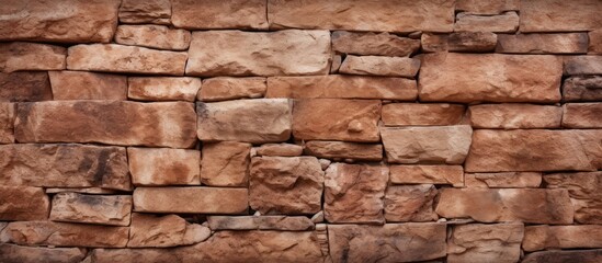 Fototapeta premium A sturdy stone wall built with brown bricks, creating a durable and reliable structure. The bricks are neatly stacked, forming a protective barrier.