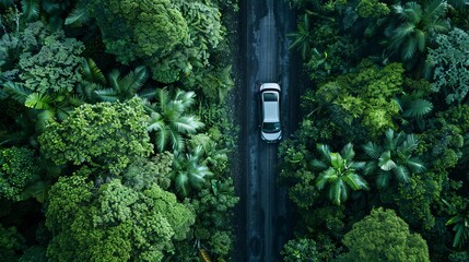 Adventure morning road trip in the forest, aerial view of a car on deep jungle road. On The Road Again concept. 