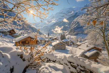 Sunlit Winter Scene in Alpine Village Generative AI