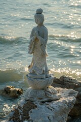 Buddha Statue on Rock, Ocean in Background Generative AI