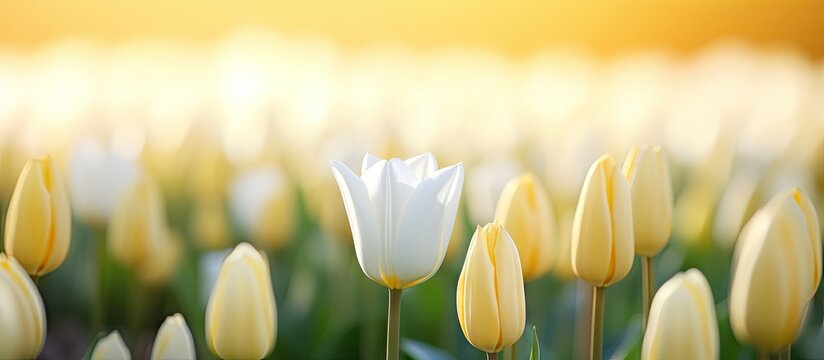 Dreamy Landscape: Serene Field of White Tulips Under a Golden Yellow Sky