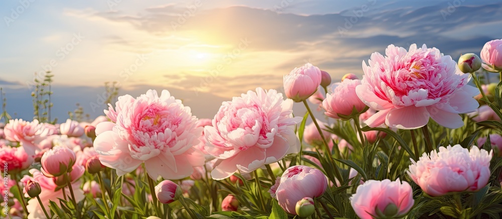 Wall mural Vivid Pink Petals Blanketing a Meadow in Full Bloom under a Clear Blue Sky