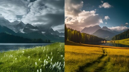 Panoramic view of mountains, lakes and meadows in summer
