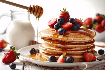 Fresh Fruit and Honey-Filled Pancakes A Delicious Breakfast Treat for Blueberry Lovers Generative AI