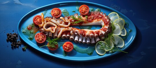 Exotic Delicacy: Succulent Octopus Tentacles Served with Zesty Tomatoes and Fresh Lemons
