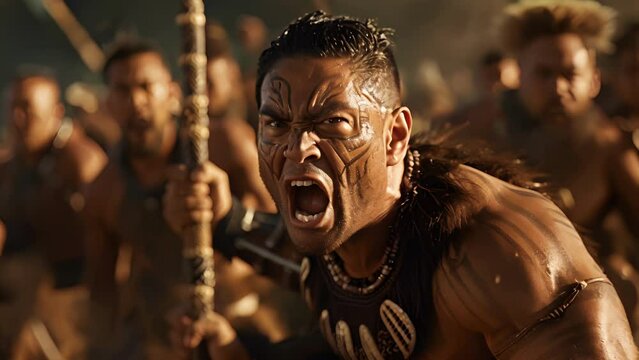 A Maori warrior performs a graceful haka in front of his fellow warriors showcasing his skill and passion for his culture and traditions.