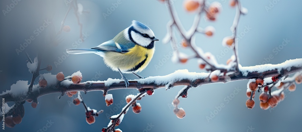 Wall mural Solitude in Winter: Majestic Bird Perched on Snow-Covered Tree Branch