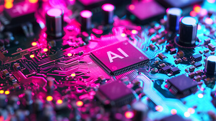 Advanced computer processor chip with AI acceleration in dark digital environment.
