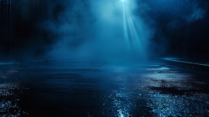 Dark street, wet asphalt, reflections of rays in the water. Abstract dark blue background, smoke, smog. Empty dark scene, neon light, spotlights. Concrete floor 