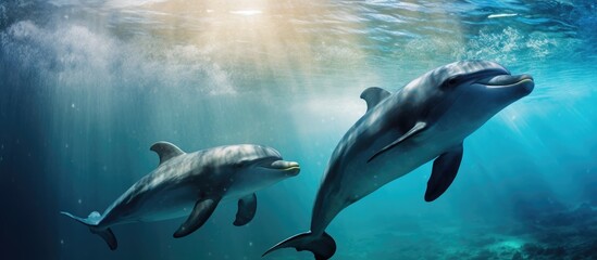 Fototapeta premium Graceful Pair of Dolphins Frolic in the Clear Blue Waters of the Ocean Depths