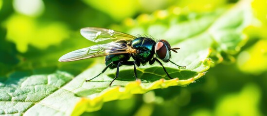 Curious Fly Resting Peacefully on a Vibrant Green Leaf, Nature Macro Photography