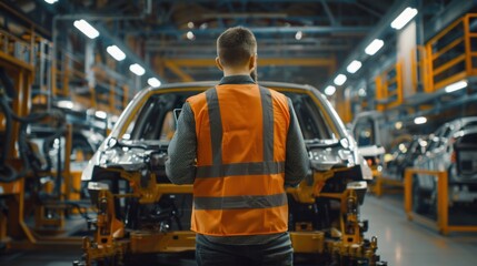Automobile factory engineer inspects completeness
