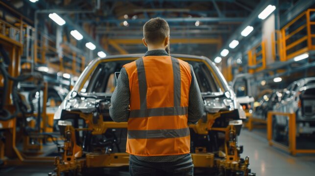 Automobile factory engineer inspects completeness