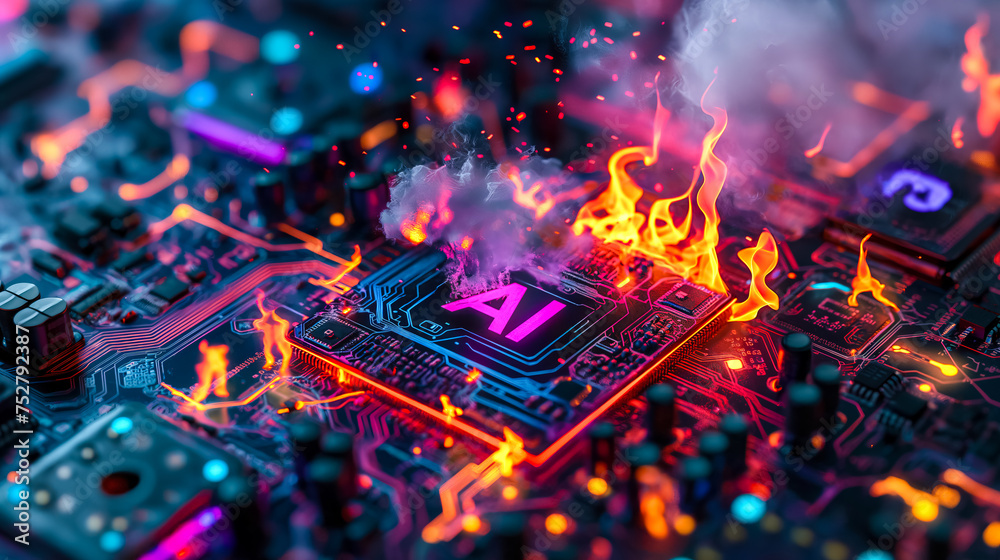 Poster advanced computer processor chip with ai acceleration is burning in dark digital environment.