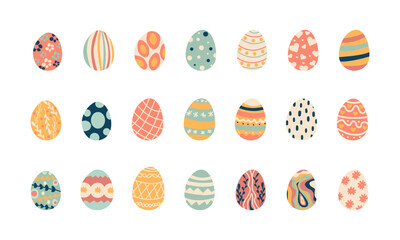 Happy Easter. Set of Easter eggs with different texture on a white background. Spring holiday. Vector Illustration. Happy easter eggs for your design , flat cartoon style.