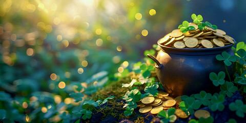 A pot of gold coins, a tradition of celebrating St. Patrick's Day on the background of a three-leaf lucky clover Place for text
