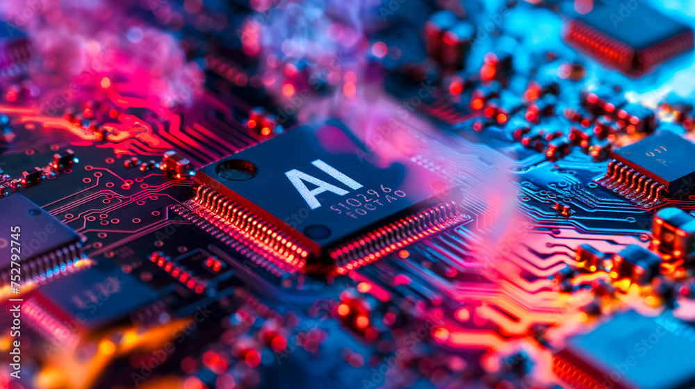 Poster advanced computer processor chip with ai acceleration is burning in dark digital environment.