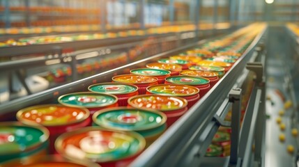 Canned food products on conveyor belt in distribution warehouse, parcels transportation system, equipment, manufacture, factory, industrial, machine, production