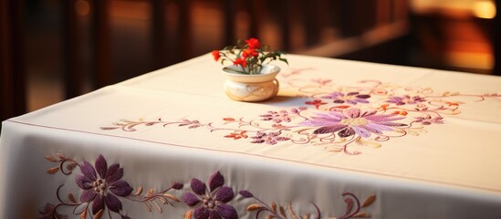 Naklejka na ściany i meble Elegant Floral Arrangement Adorning a Stylish Wooden Table in a Brightly Lit Room