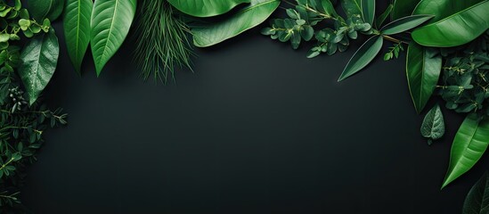 Vivid Green Leaves Stand Out Against a Dramatic Black Background, Botanical Elegance Concept