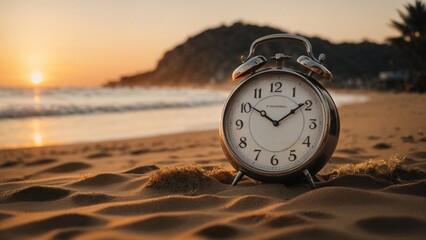 Classic twin bell alarm clock on the beach at sunset. A perfect illustration for time management. - obrazy, fototapety, plakaty