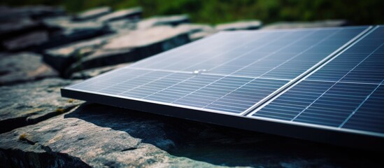 Renewable Energy Innovation: Solar Panels Installed on Rocky Terrain Embracing Sustainability - obrazy, fototapety, plakaty