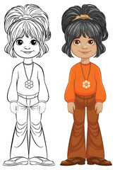 Vector illustration of a girl, colored and line art.