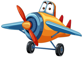 Animated airplane with eyes, smiling, on the ground.