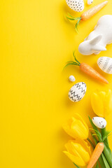 Seasonal decoration idea. From top view, vertical image of delicately tinted eggs, winsome bunny...