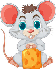 Adorable cartoon mouse holding a block of cheese