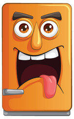 Animated fridge with a playful, mischievous expression.