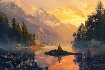 Sunset Meditation by the Lake Generative AI - obrazy, fototapety, plakaty