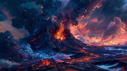 Volcano Eruption in Paradise A Stunning Artwork of Fire and Lava Generative AI