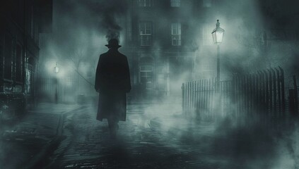 Mysterious Nighttime Stroll A Man in a Hat and Coat Generative AI