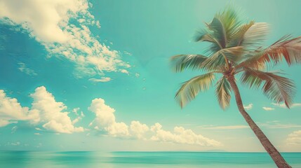 Fototapeta na wymiar Palm tree on tropical beach with blue sky and white clouds abstract background. Copy space of summer vacation and business travel concept. Vintage tone filter effect color style. 
