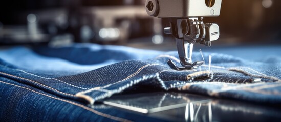 Sewing Machine Seamstress Tailoring Denim Pants in a Craft Workshop - obrazy, fototapety, plakaty