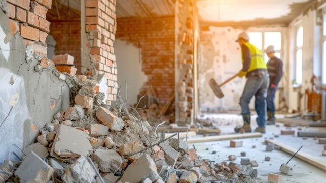 Workers are destroying brick walls.