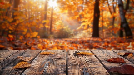 Naklejka na ściany i meble The empty wooden table top with blur background of autumn. Exuberant image. 